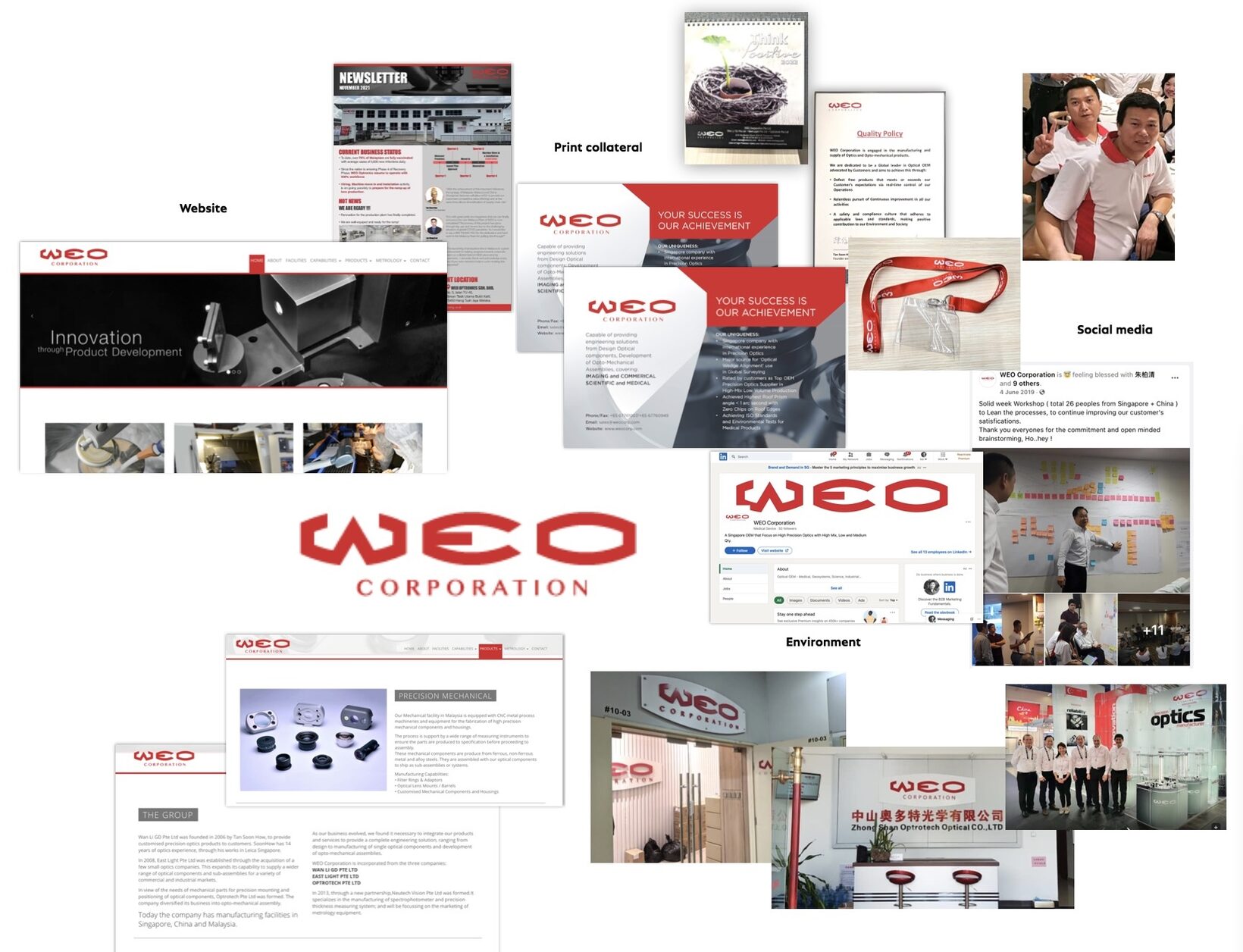 WEO's previous brand: fragmented identity across website, print collateral, social media and environment